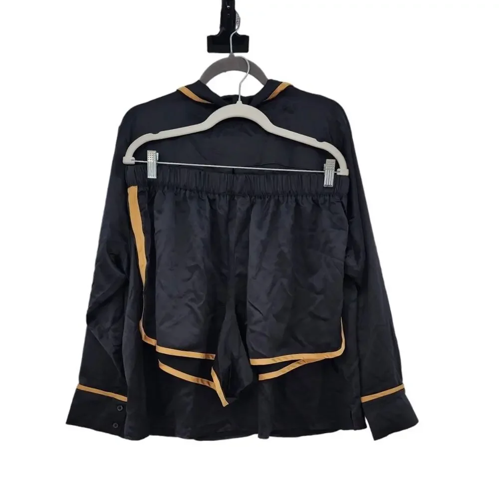 New NWT Sleep By Cacique Black Long Sleeve Silky Gold Trim Shorts Set 14/16‎